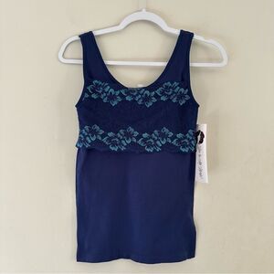 Rhonda Shear Lace-Overlay Tank with Shelf Bra in Navy with Teal Lace‎ M NEW